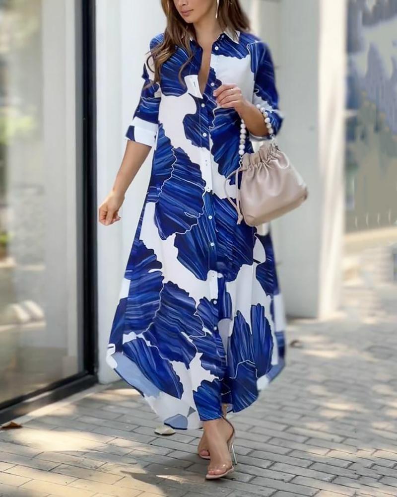 Abstract Print Button Down Collar Three Quarter Maxi Shirt Dress