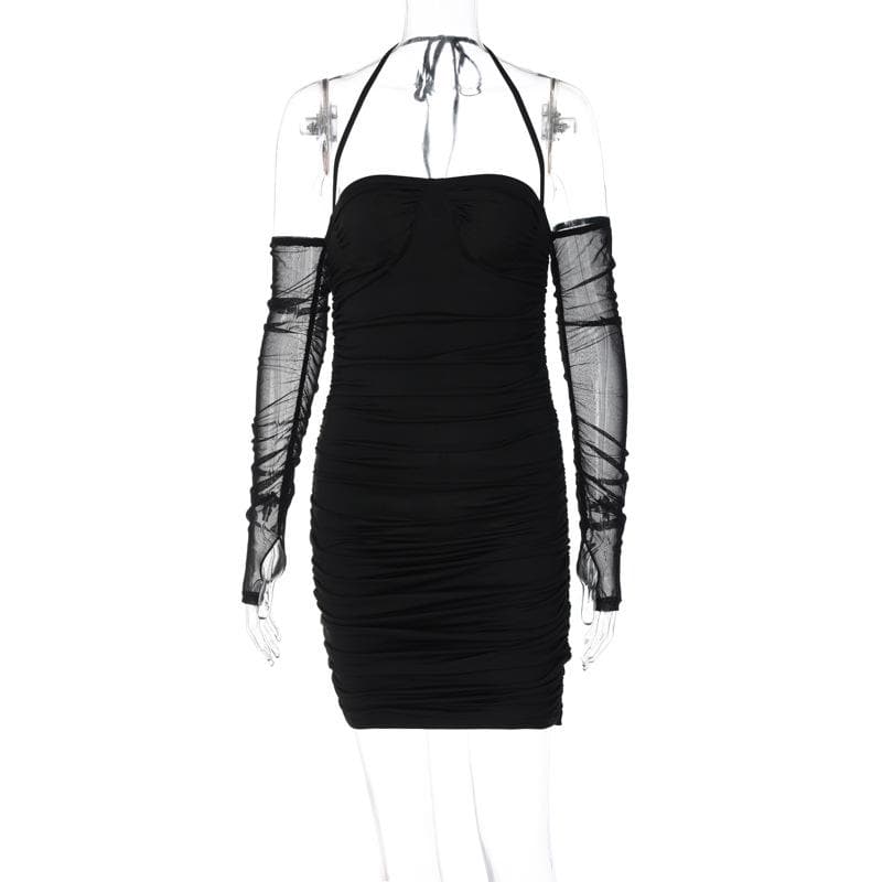 Mesh Glove Halter Neck Ruched Bodycon Mini Dress