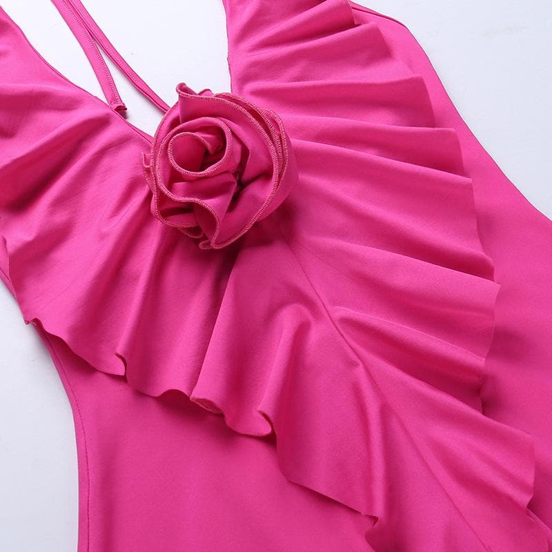 Halter Neck Flower Applique Ruffle Handkerchief Hem Mini Dress