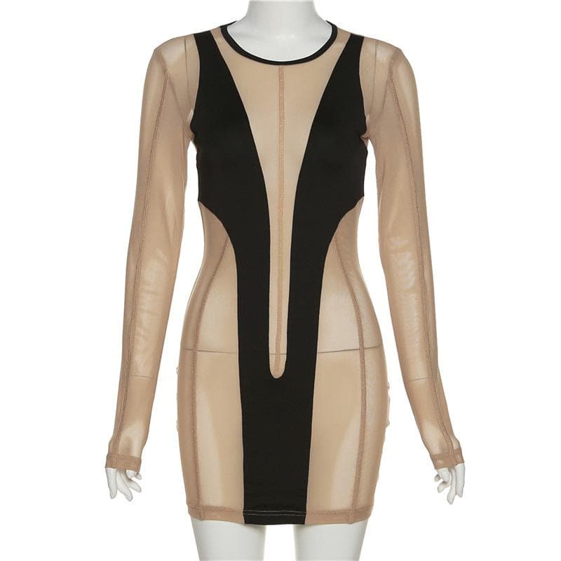 Long sleeve round neck contrast mesh patchwork mini dress 8