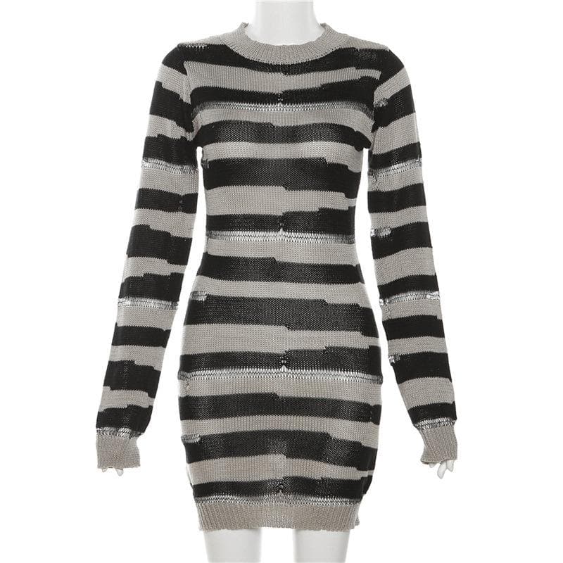 Crochet striped contrast long sleeve crewneck mini dress 3
