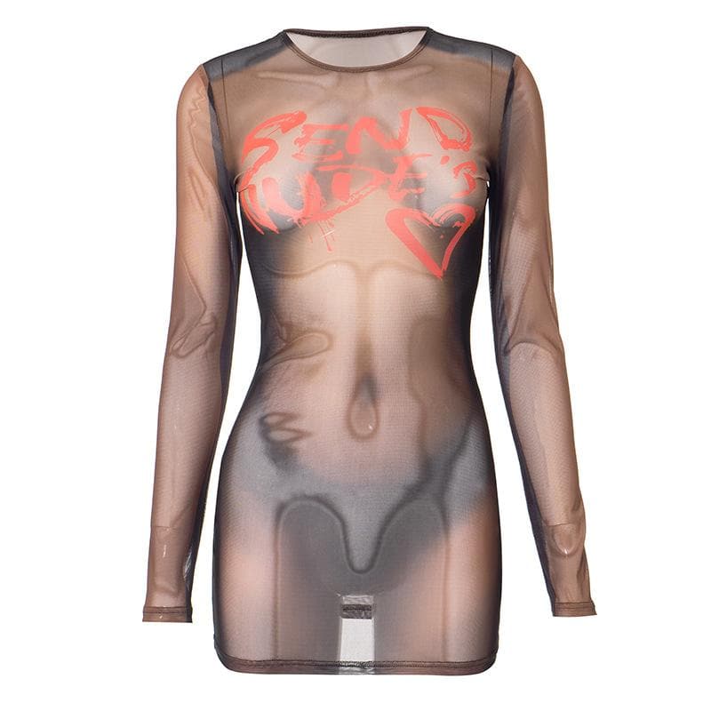 Sheer Mesh Body Print Graphic Crew Neck Long Sleeve Mini Dress