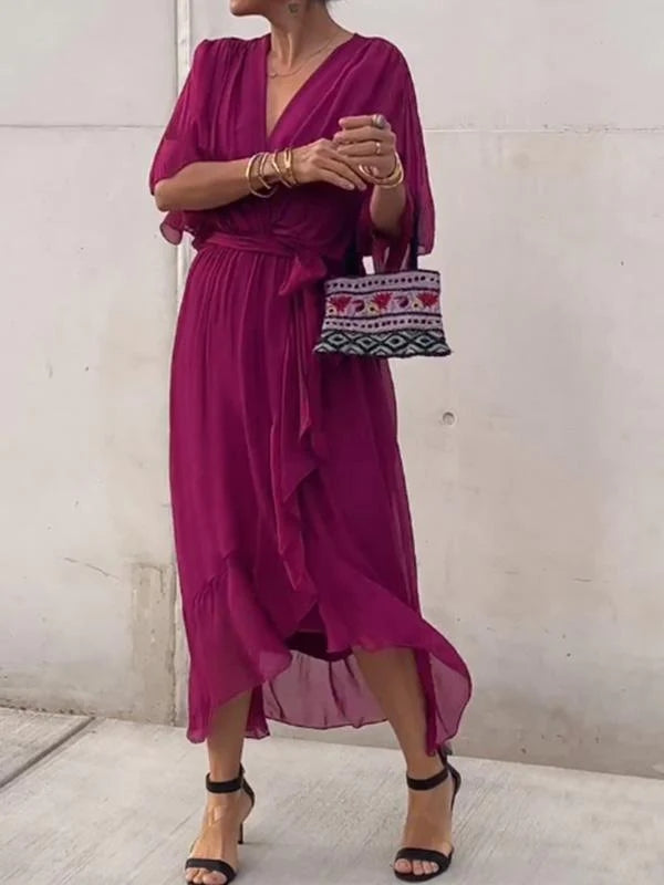 Chiffon Deep V-Neck Batwing Wrap Midi Dress 6