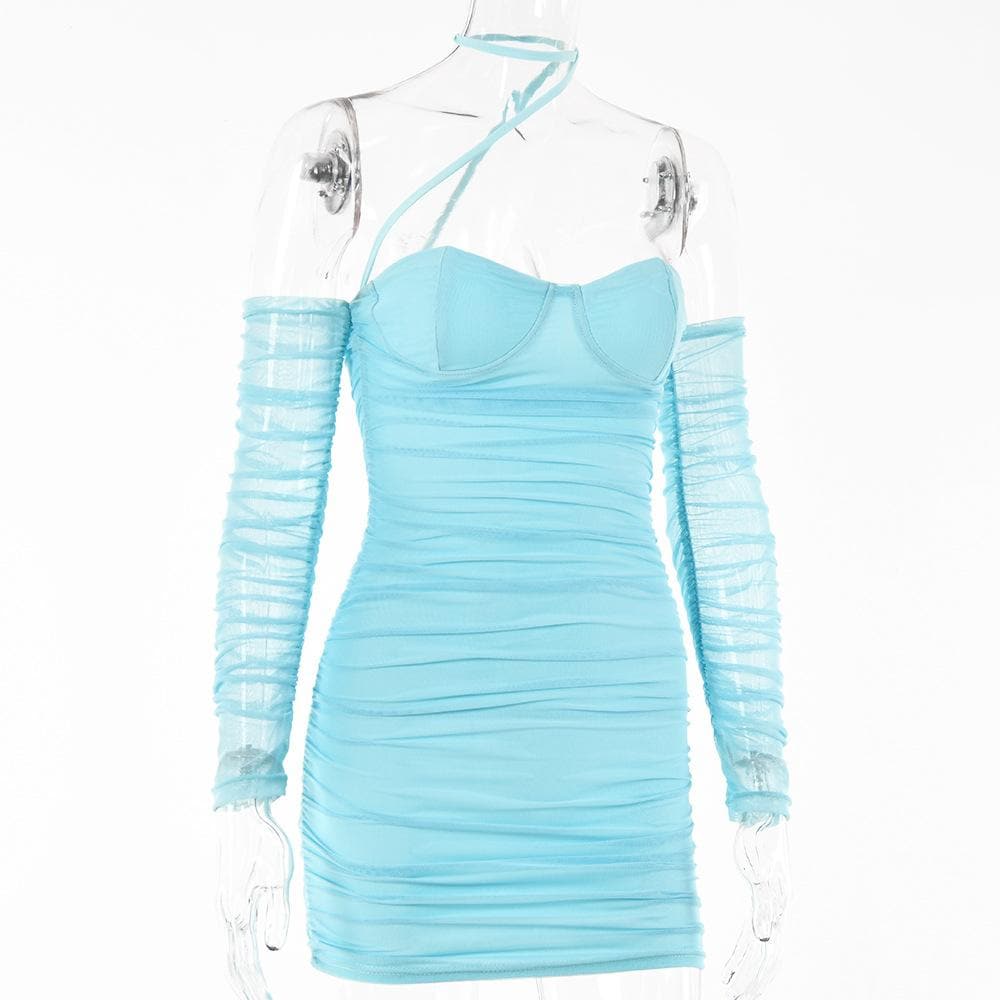 Mesh Halter Neck Off Shoulder Long Sleeve Ruched Bodycon Mini Dress