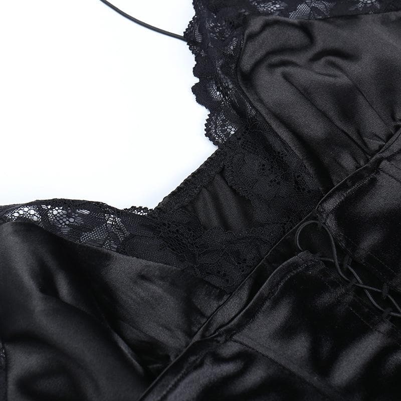 Satin V-Neck Lace Trim Lace Up Corset Mini Dress