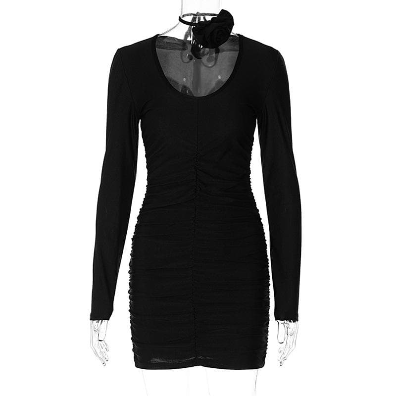 Scoop Neck Long Sleeve Ruched Rosette Bodycon Mini Dress