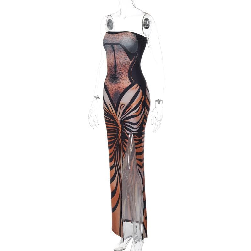 Lace up contrast print slit backless tube maxi dress 3