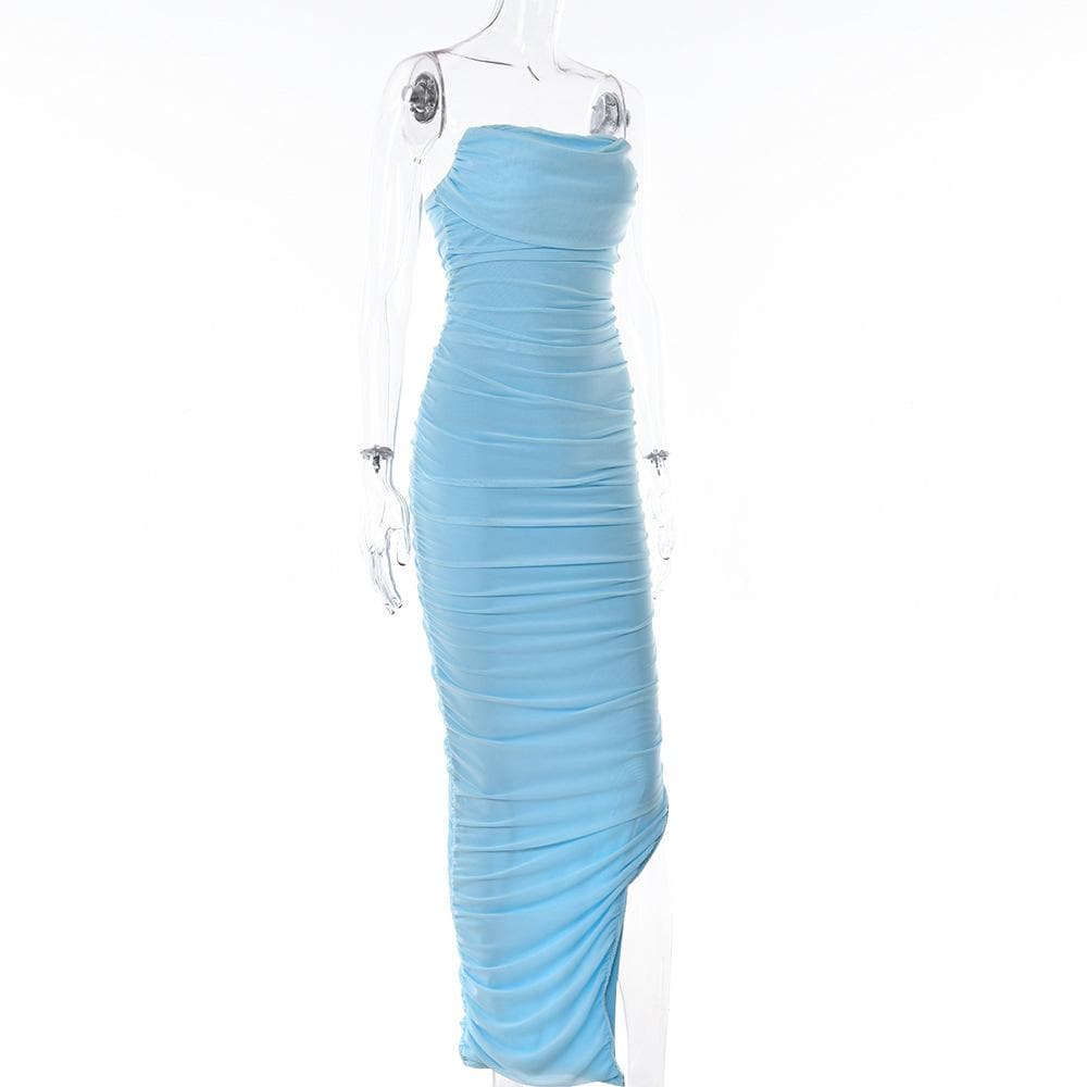 Mesh Zip Up Halter Ruched High Split Tube Dress - View 4
