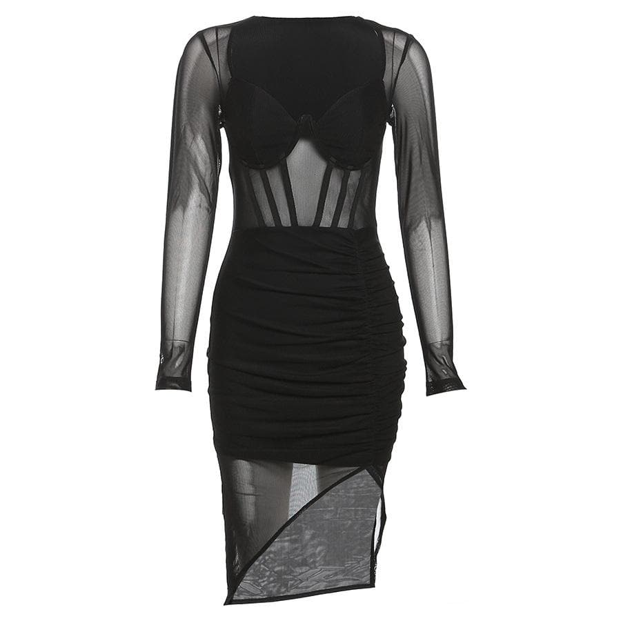 Corset mesh long sleeve solid v neck ruched irregular mini dress