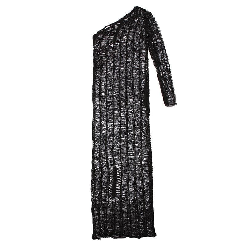 Distressed Open Knit One Shoulder Long Sleeve Sheer Maxi Dress