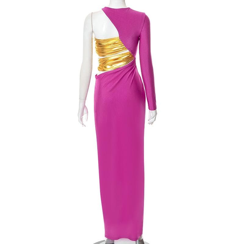 One Shoulder Long Sleeve Metallic Ruched Panel Cut Out Maxi Dress 3