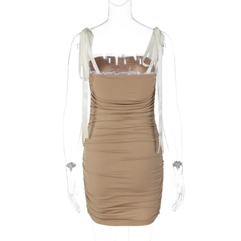Ruched lace hem self tie square neck backless mini dress 5