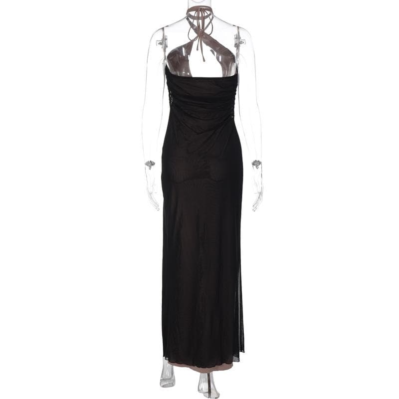 Slit mesh cross front hollow out ruched backless maxi dress 4