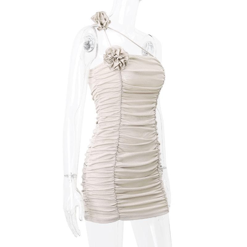 One Shoulder Flower Applique Ruched Bodycon Mini Dress