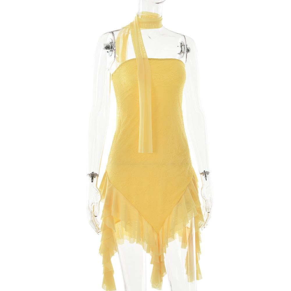 Mesh ruffle ribbon irregular solid backless tube mini dress 5