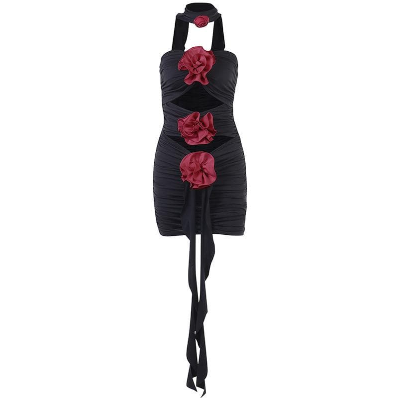 Flower Applique Strapless Cut Out Ruched Bodycon Mini Dress
