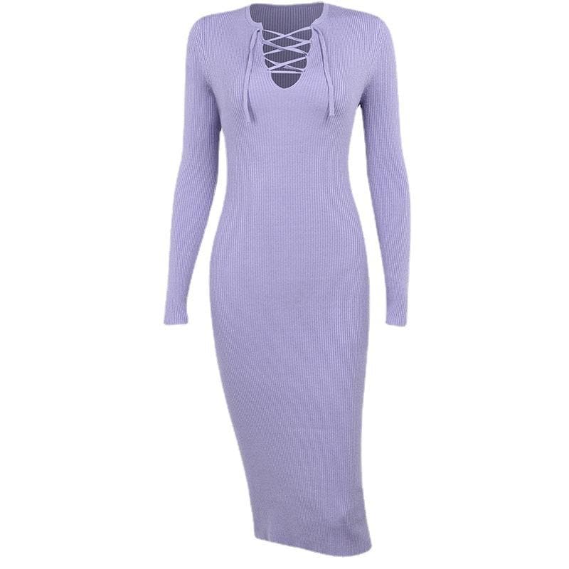 Lace up solid ribbed long sleeve notch neck mini dress