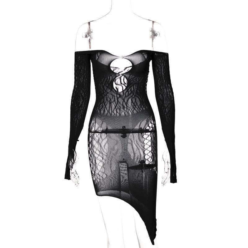 Long sleeve off shoulder fishnet see through dress
