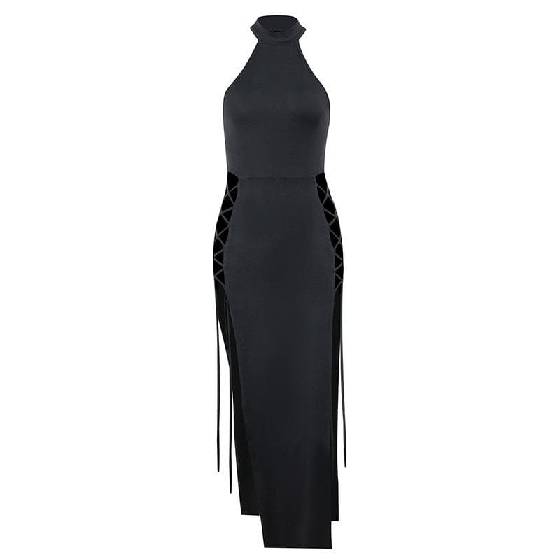 Sleeveless solid hollow out slit lace up midi dress - View 9