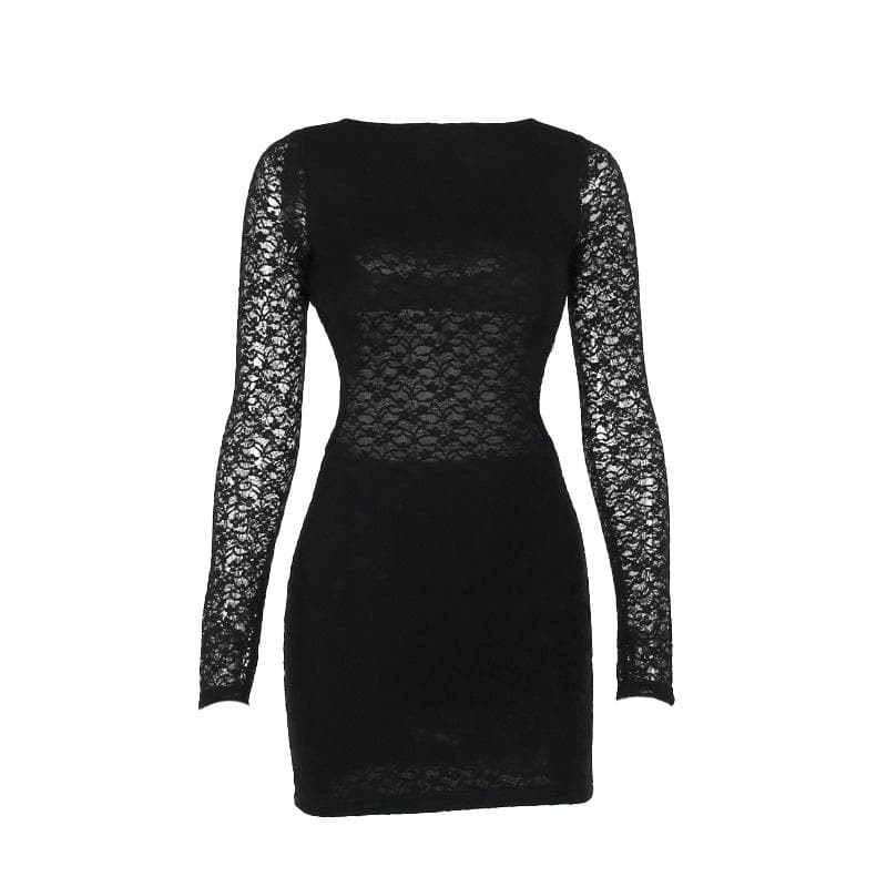 Sheer Lace Boat Neck Long Sleeve Bodycon Mini Dress