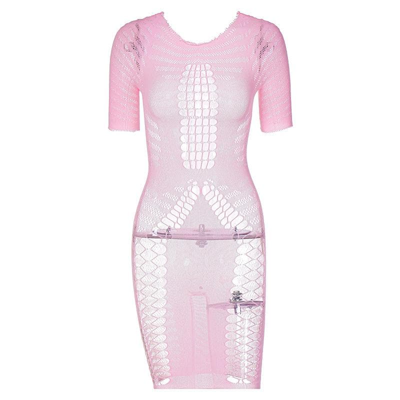 Fishnet Cut Out Crew Neck Short Sleeve Sheer Bodycon Mini Dress 7