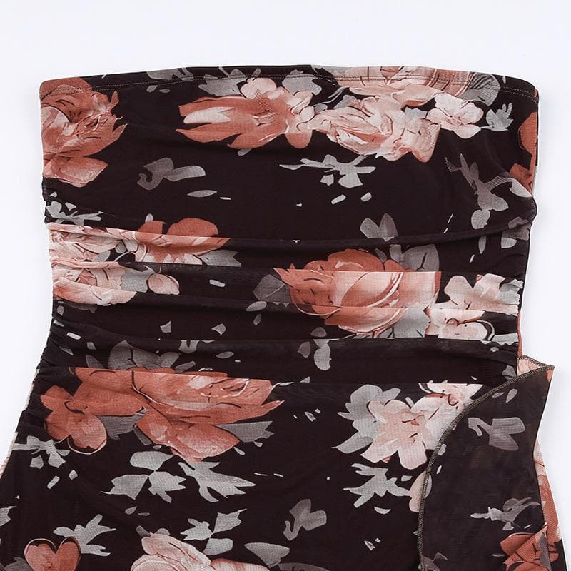 Floral Print Mesh Strapless Ruched Ruffle Bodycon Mini Dress
