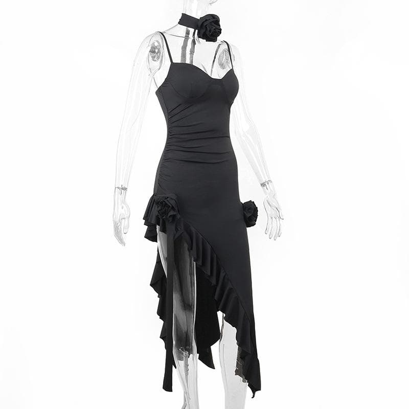 Spaghetti Strap Sweetheart Bustier Ruffle High Split Maxi Dress