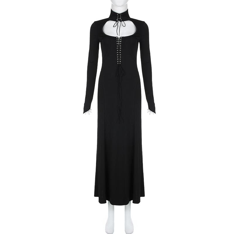 Lace up hollow out solid long sleeve maxi dress 2