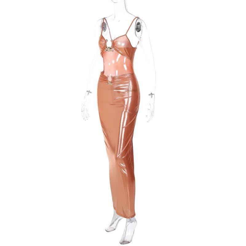Hollow out metallic ruched backless metal applique cami maxi dress 3