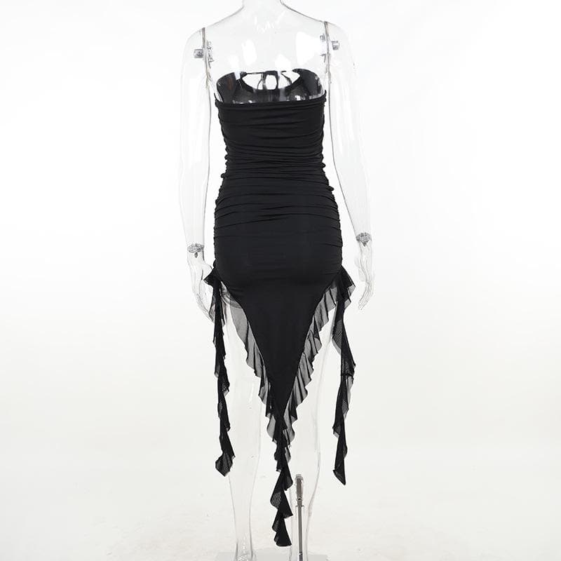 Strapless Cut Out Ruched Floral Applique High Low Midi Dress