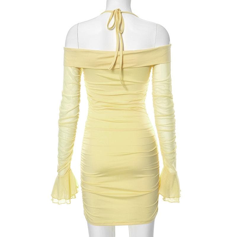 Off Shoulder Halter Neck Long Sleeve Mesh Ruched Bodycon Mini Dress