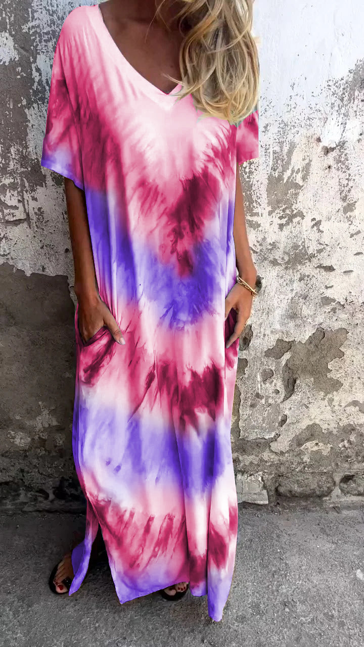 Tie Dye V-Neck Short Sleeve Pocket Maxi Dress 10