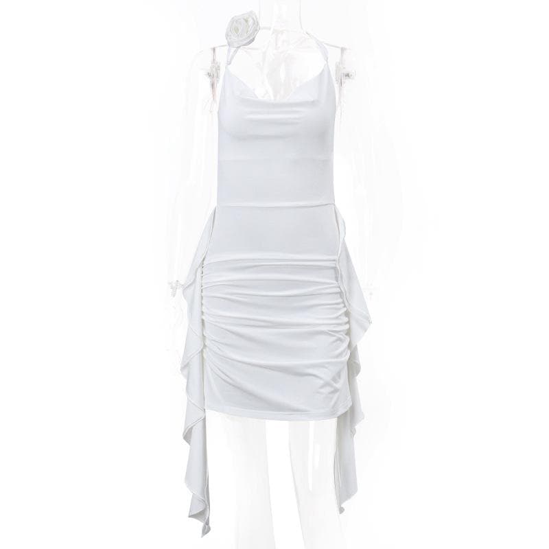 Rosette Cowl Neck Spaghetti Strap Ruched High Low Mini Dress