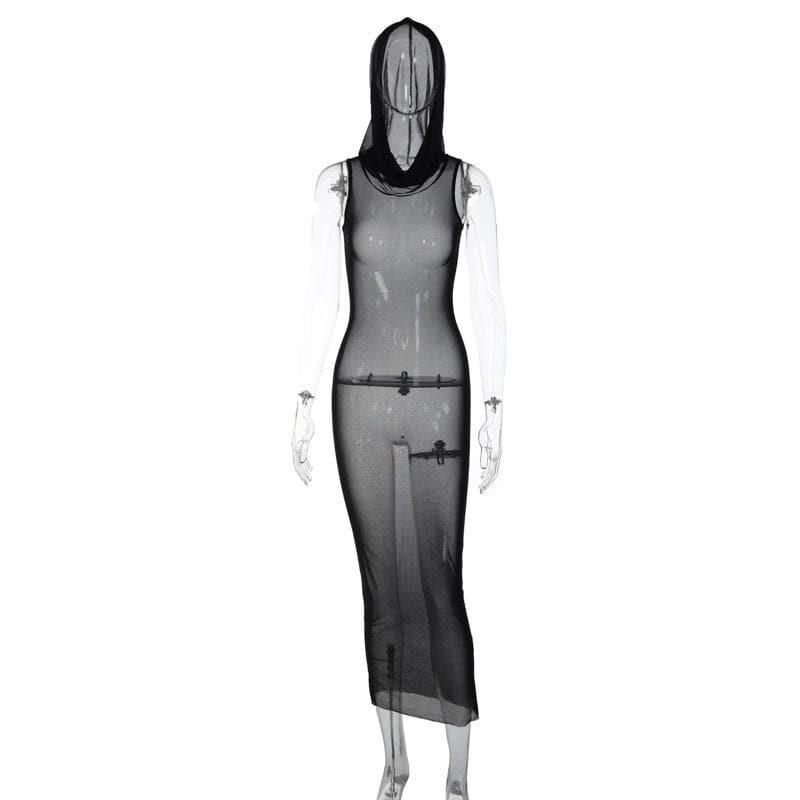 Sheer Mesh Sleeveless Hooded Bodycon Maxi Dress 8