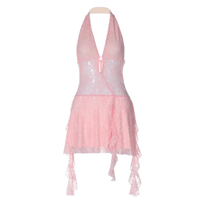 Lace Halter Deep V-Neck Ruffle Mini Dress