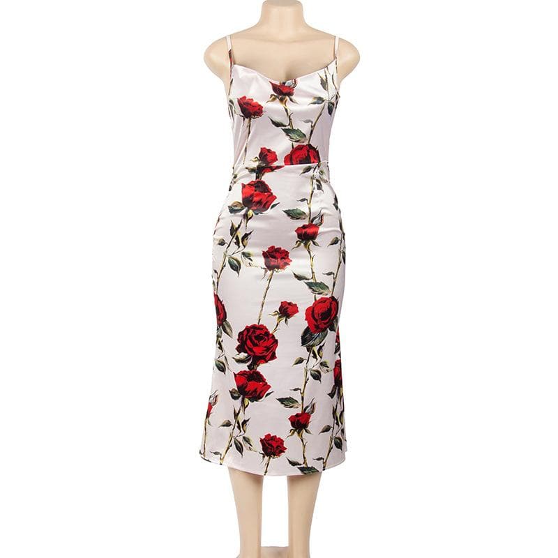 Satin Floral Print Cowl Neck Spaghetti Strap Slip Midi Dress
