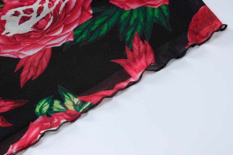 Rose Floral Print Square Neck Spaghetti Strap Bodycon Mini Dress