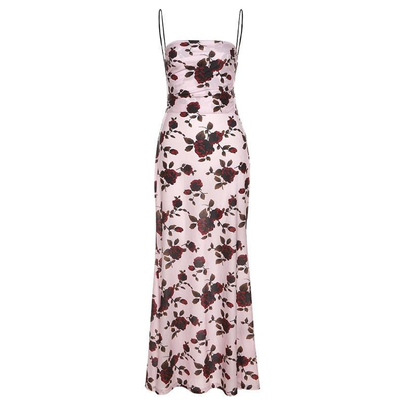 Floral Print Square Neck Spaghetti Strap Ruched Slip Maxi Dress