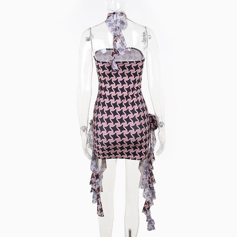 Star Print One Shoulder Flower Applique Ruffle High Low Mini Dress