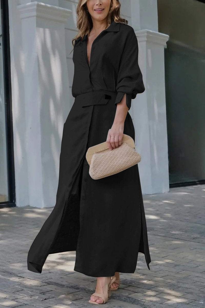 Collared Button Front Belted Long Sleeve Maxi Shirt Dress