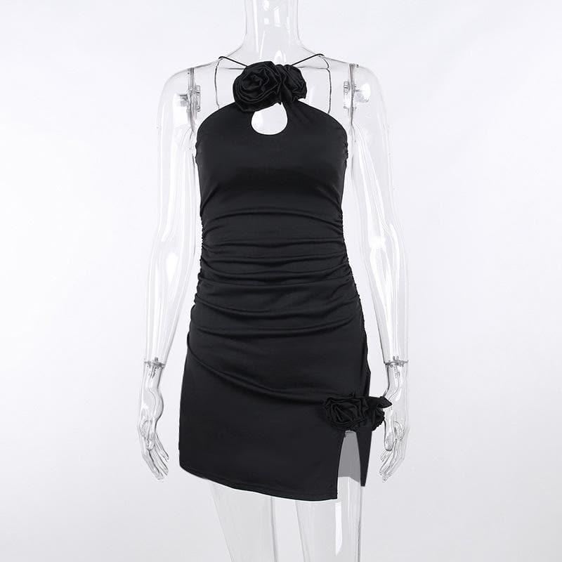 Rosette Appliqué Halter Cut Out Ruched Bodycon Mini Dress