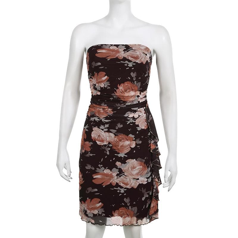 Floral Print Mesh Strapless Ruched Ruffle Bodycon Mini Dress