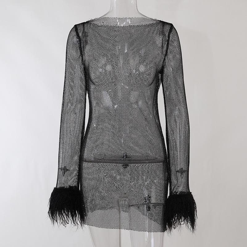Long sleeve solid see through sheer mesh fluffy round neck mini dress