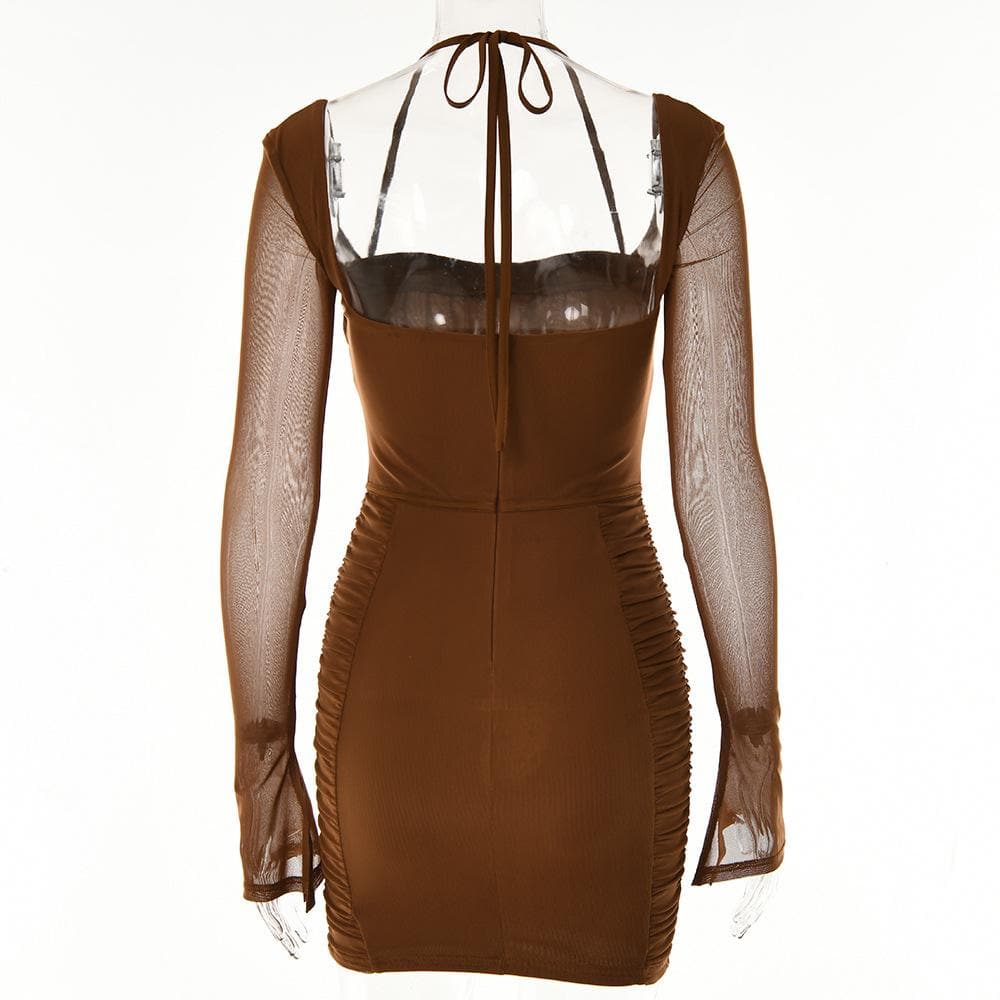 Mesh Long Sleeve Ruched Corset Bodycon Mini Dress
