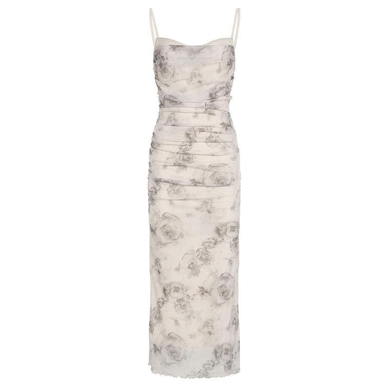 Floral Print Spaghetti Strap Ruched Mermaid Maxi Dress