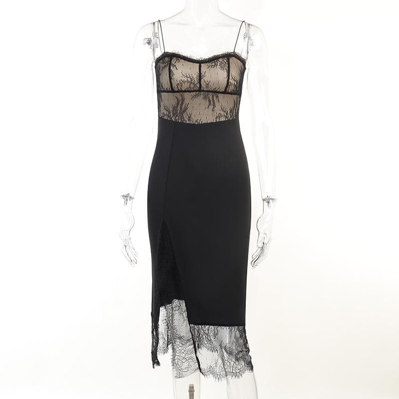 Lace patchwork contrast slit irregular midi dress - View 2