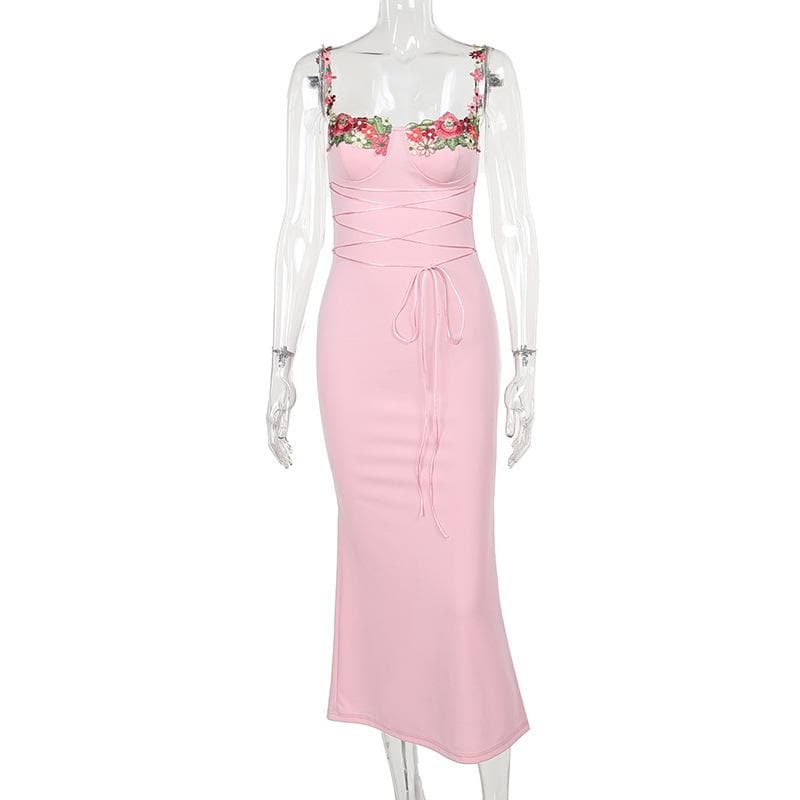 Floral Embroidery Sweetheart Lace Up Mermaid Maxi Dress
