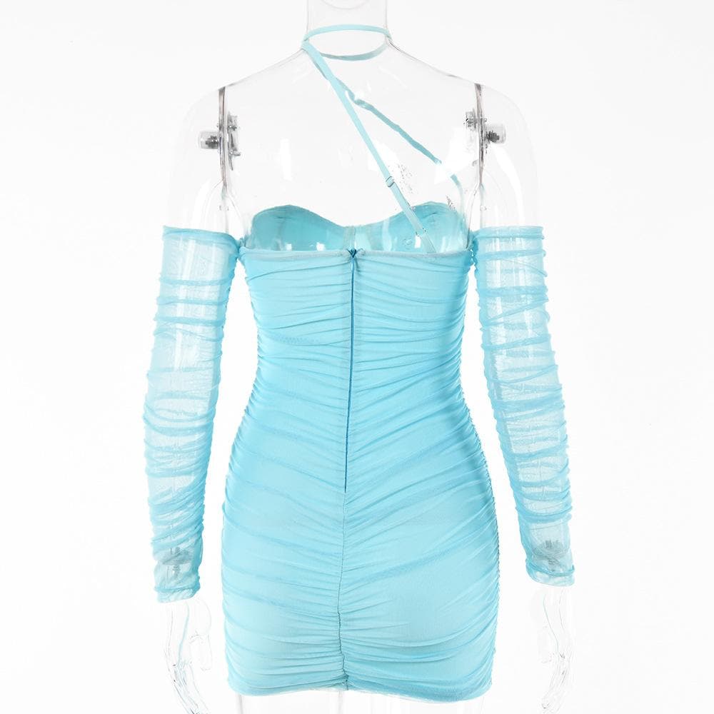 Mesh Halter Neck Off Shoulder Long Sleeve Ruched Bodycon Mini Dress