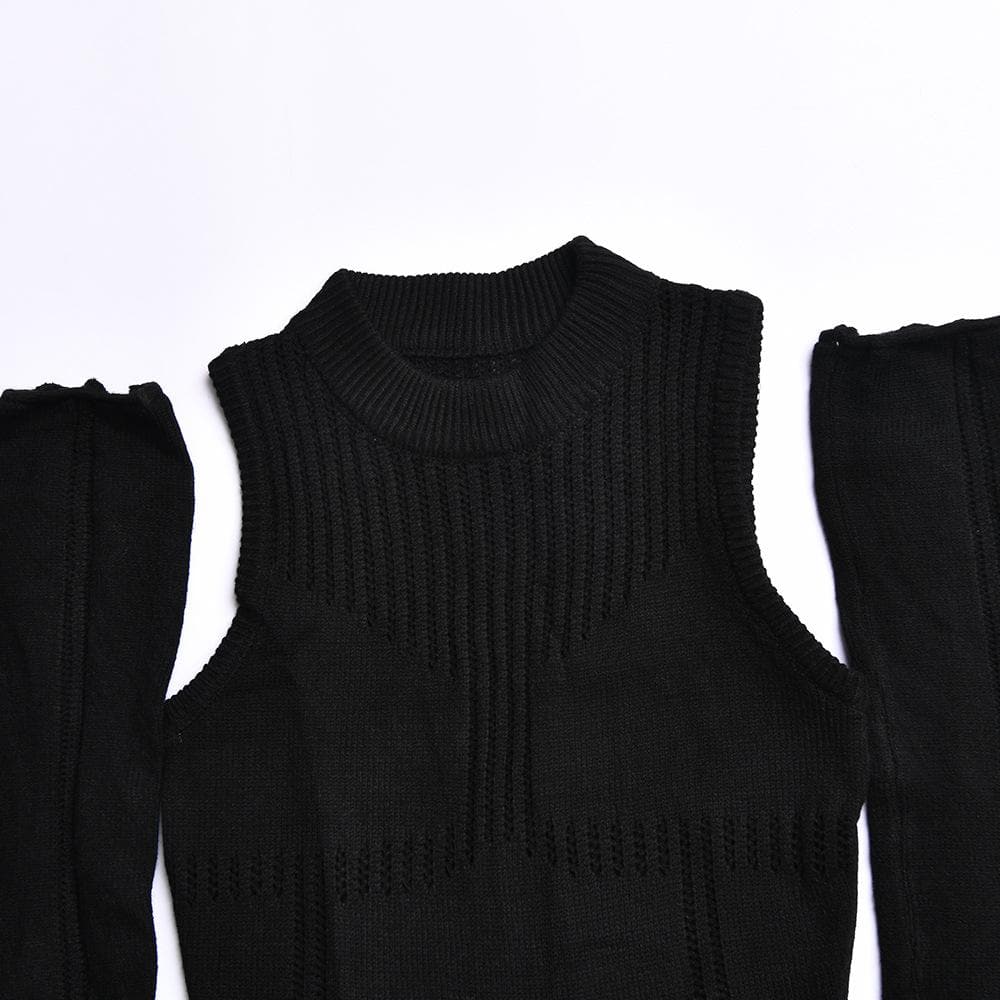Long sleeve solid off shoulder crochet hollow out mini dress - View 5