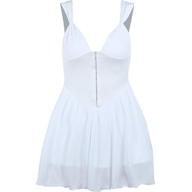 Deep V-Neck Knot Strap Hook Front Corset Waist Flared Mini Dress 10